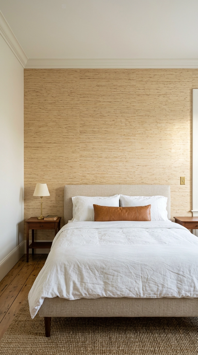 Bedroom accent wall in natural wheat-toned grasscloth behind an oatmeal linen bed