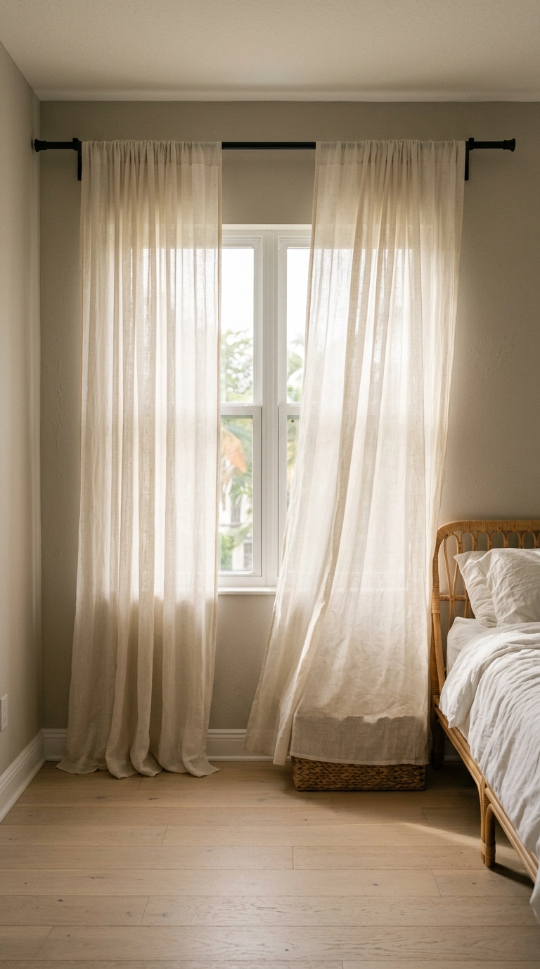 Floor-length sheer ivory linen curtains hung high above a bedroom window