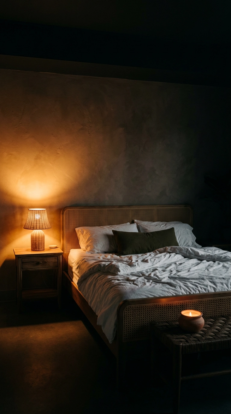 Tropical bedroom at night lit only by a rattan-shaded lamp and a single candle