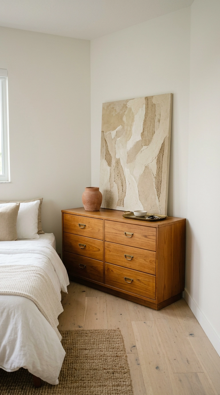 Vintage honey-toned teak dresser against bone-white walls in a tropical bedroom