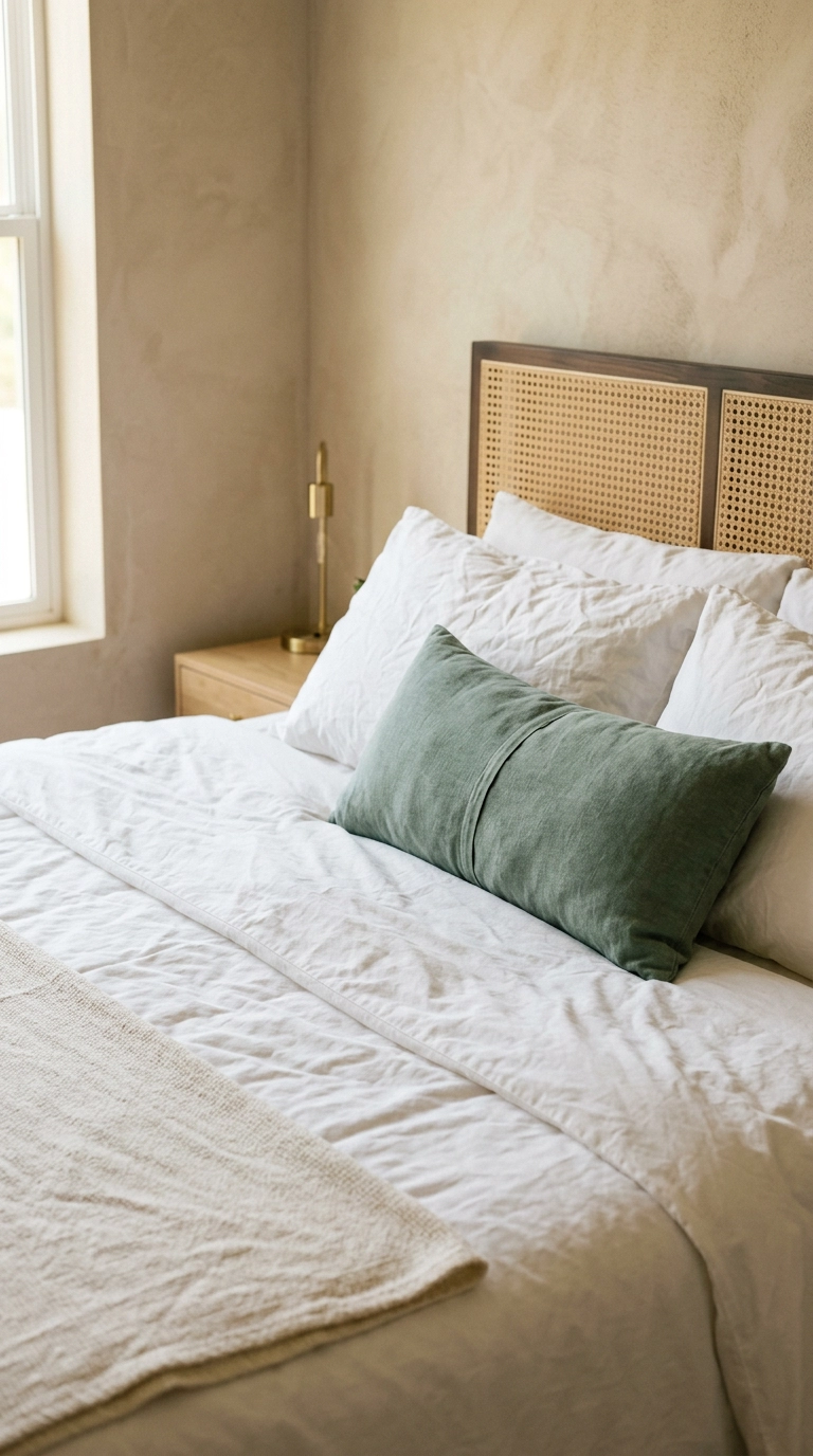 Crisp white cotton bedding with a single green lumbar pillow in a tropical bedroom