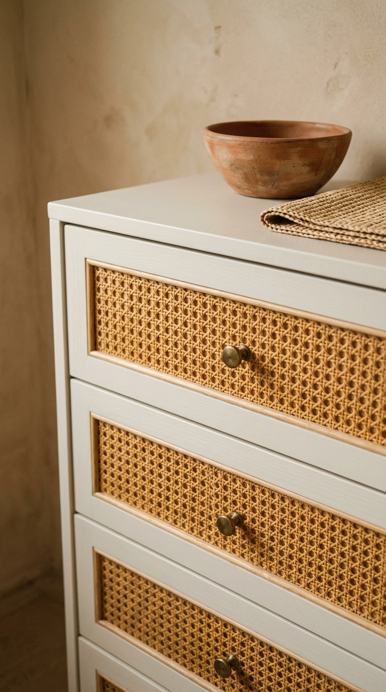 Plain dresser drawers upgraded with inset natural cane webbing panels and brass knobs
