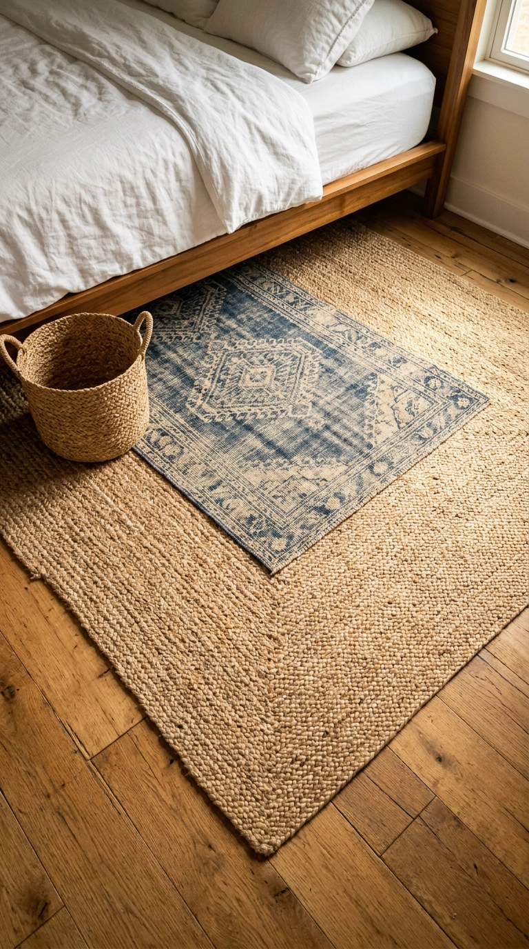 Jute rug layered with a smaller faded indigo cotton runner on oak floors