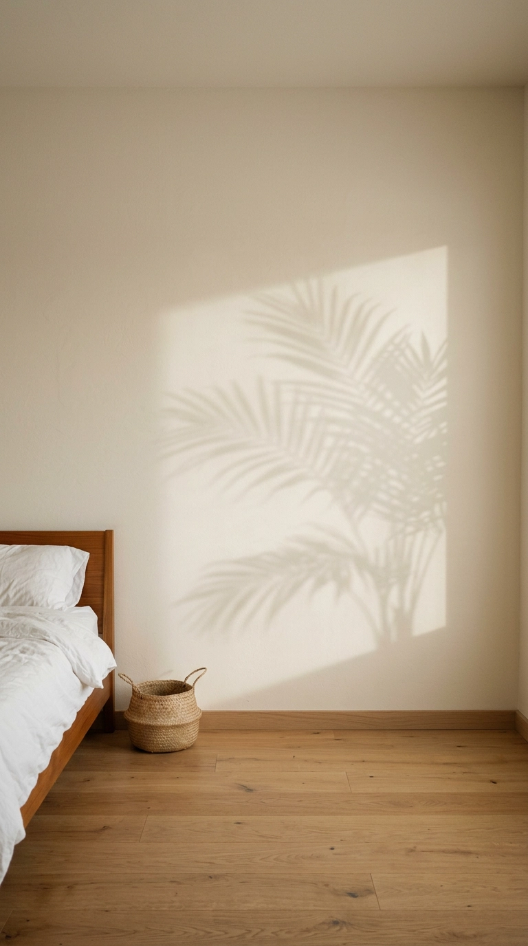 Bare warm cream plaster bedroom wall with soft palm frond shadows falling across it