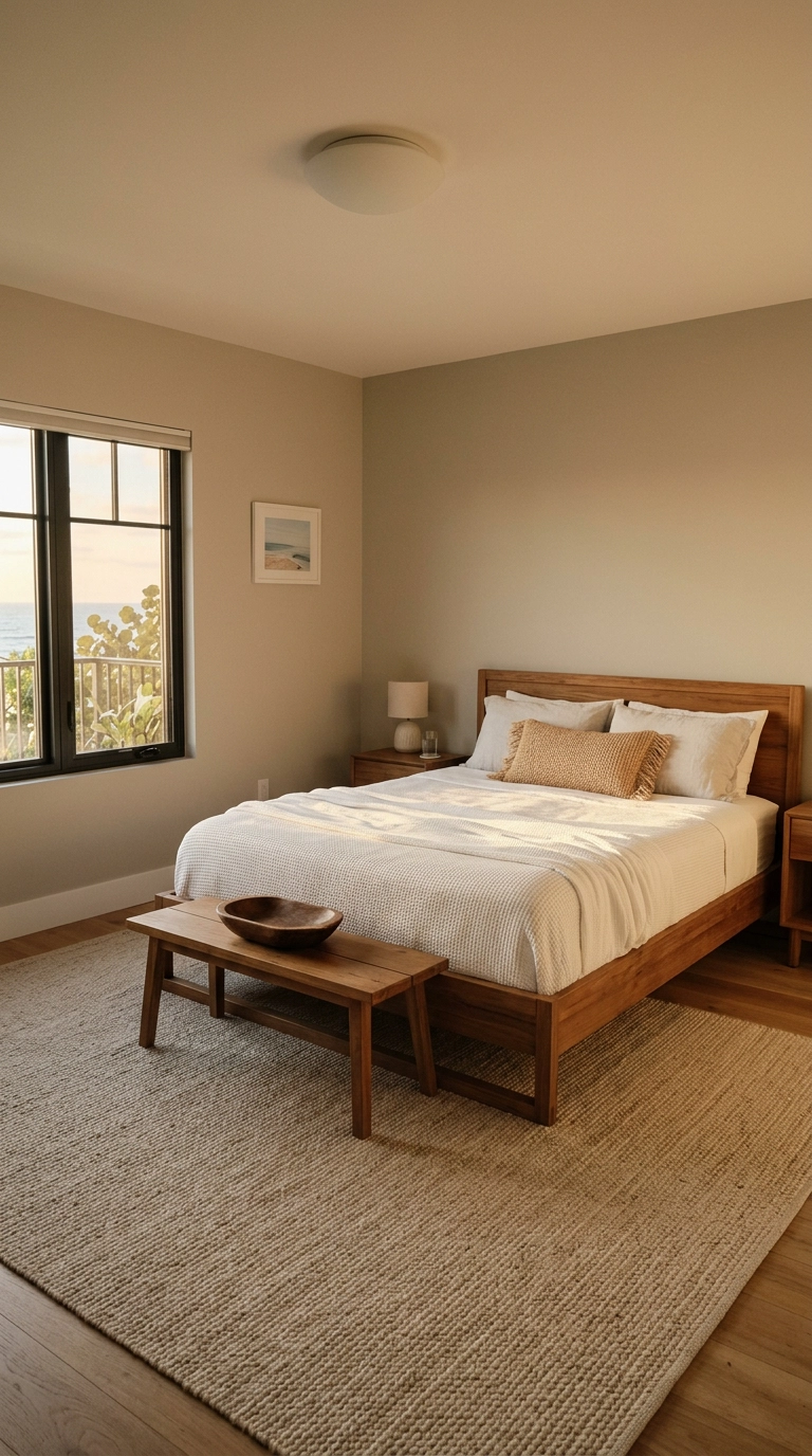 Calm tropical bedroom with teak bed, sisal rug, and warm greige walls