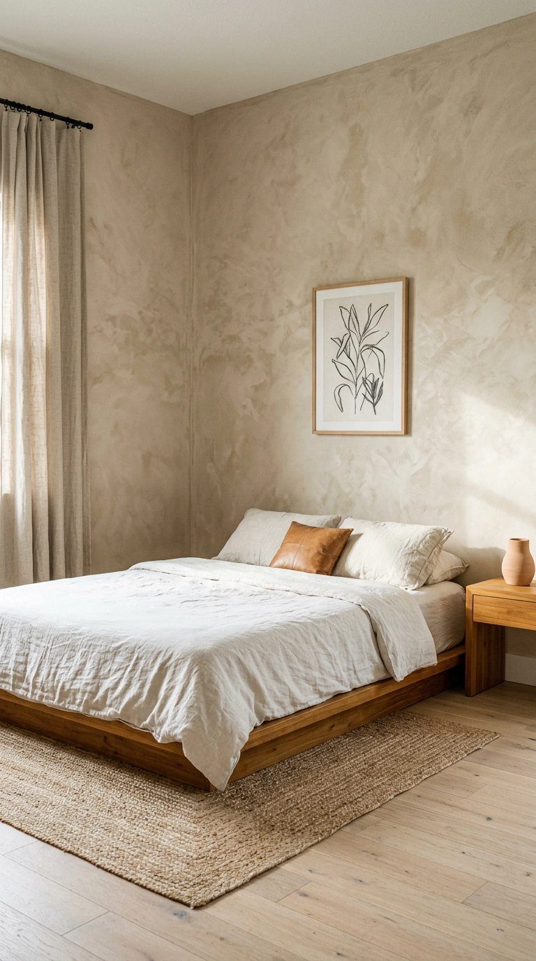 Tropical bedroom with mottled warm sand limewash plaster walls and a teak platform bed