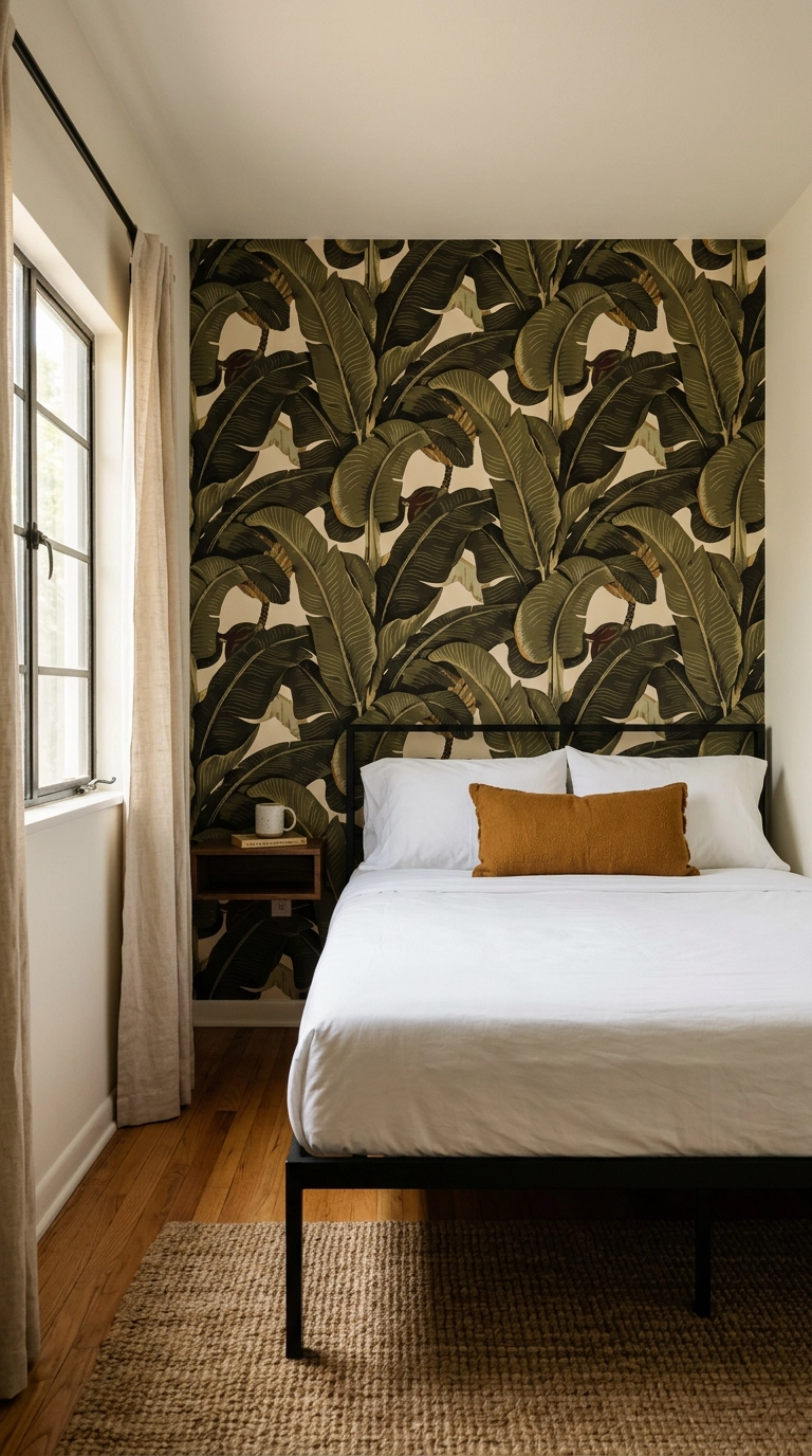Bedroom with one accent wall featuring oversized banana leaf wallpaper on a cream ground