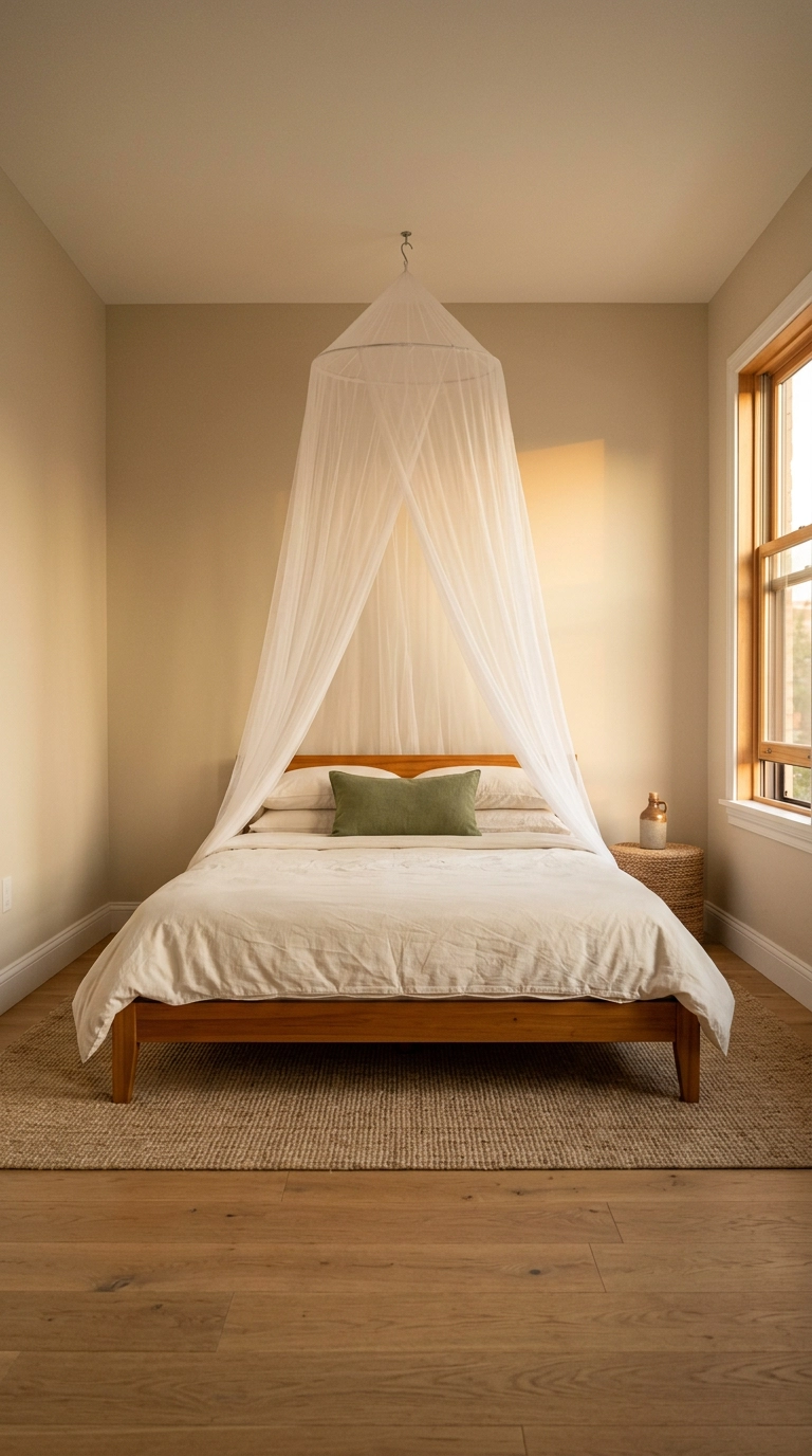 Low teak bed under a sheer white mosquito net canopy hung from one ceiling hook