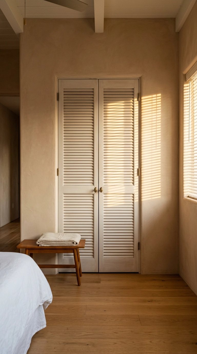 Tall white louvered shutter closet doors casting fine shadow lines in a tropical bedroom
