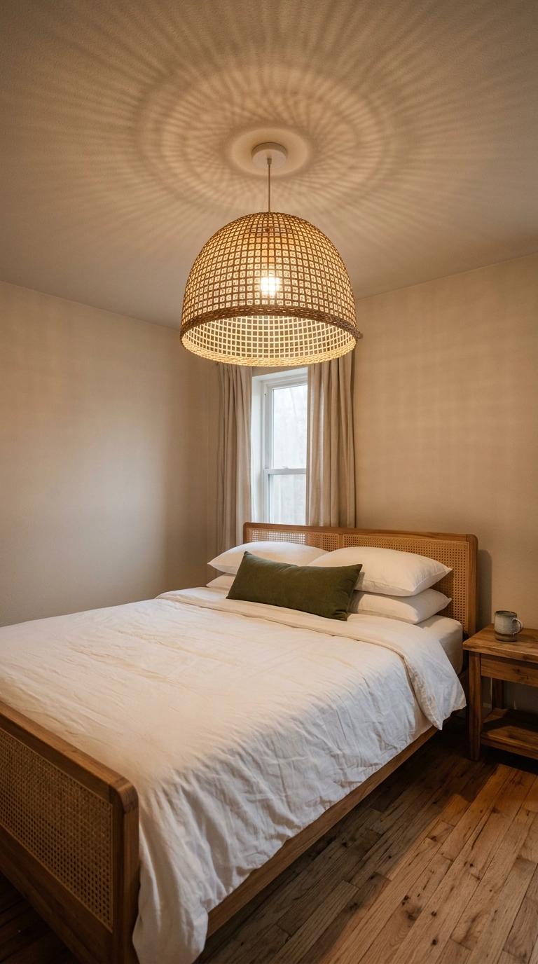 Woven seagrass dome pendant light glowing over a tropical bedroom