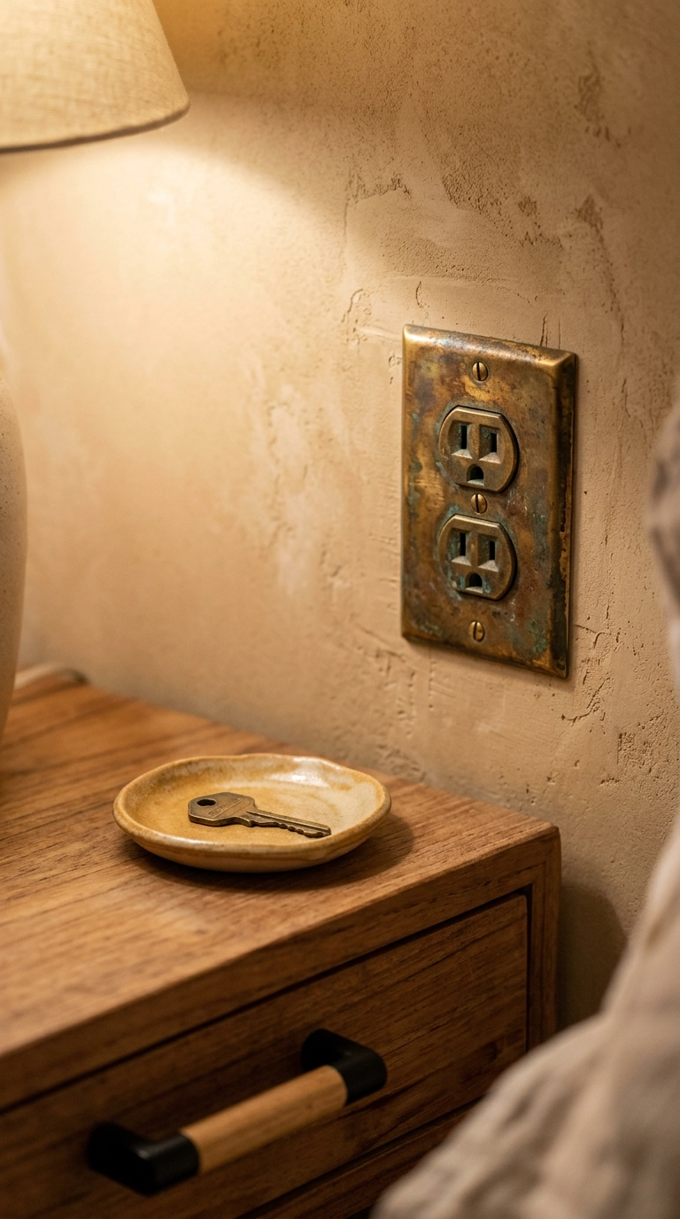 Aged brass outlet cover plate and wood drawer pull against a warm sand plaster wall