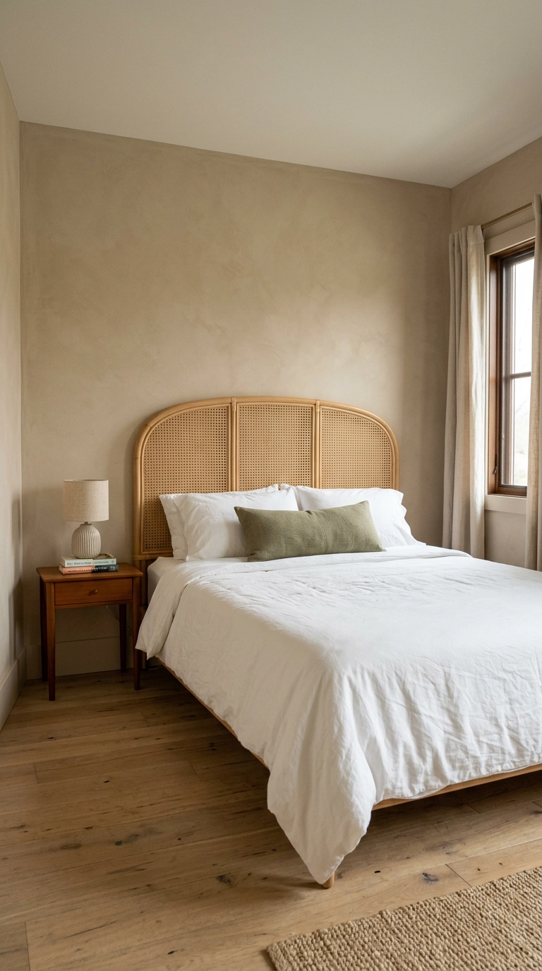Tropical bedroom with a tall arched rattan and cane headboard against warm sand plaster walls