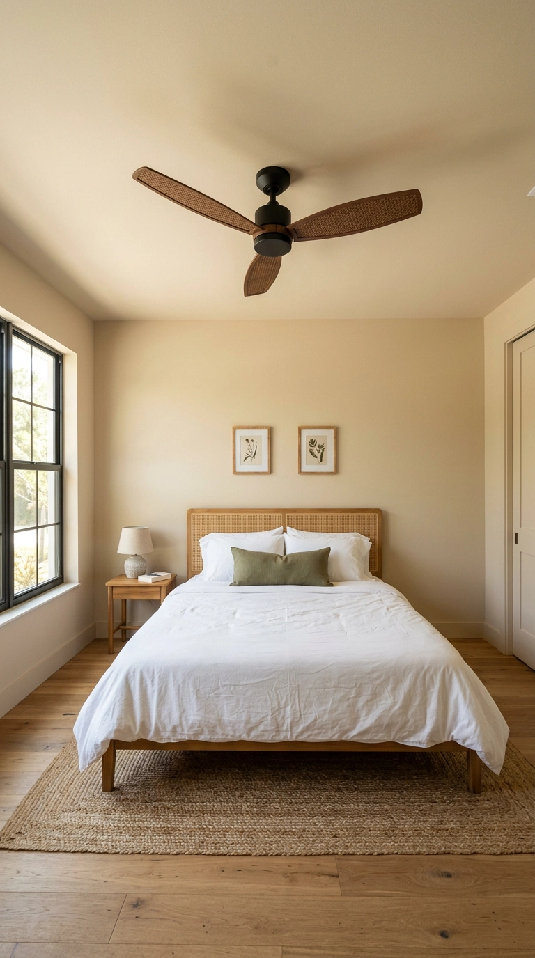 Tropical bedroom with a three-blade dark wood ceiling fan above a cane-panel bed
