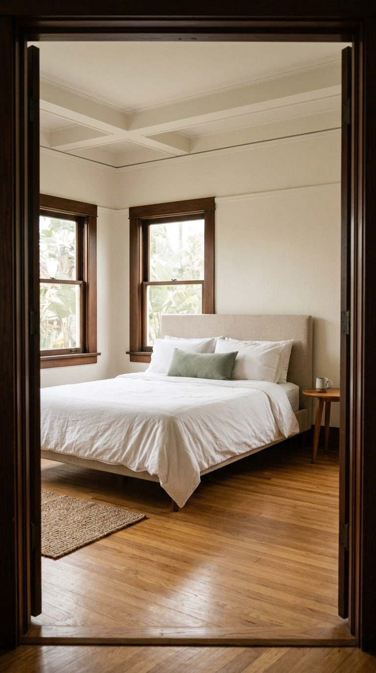 Bedroom with the bed placed between two windows for cross ventilation and a clear sightline