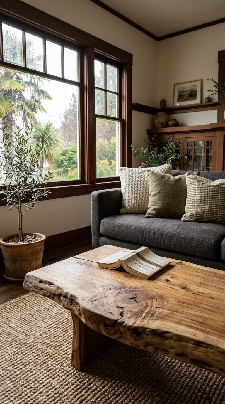 Thick raw-edge teak slab coffee table with a charcoal linen sofa and jute rug
