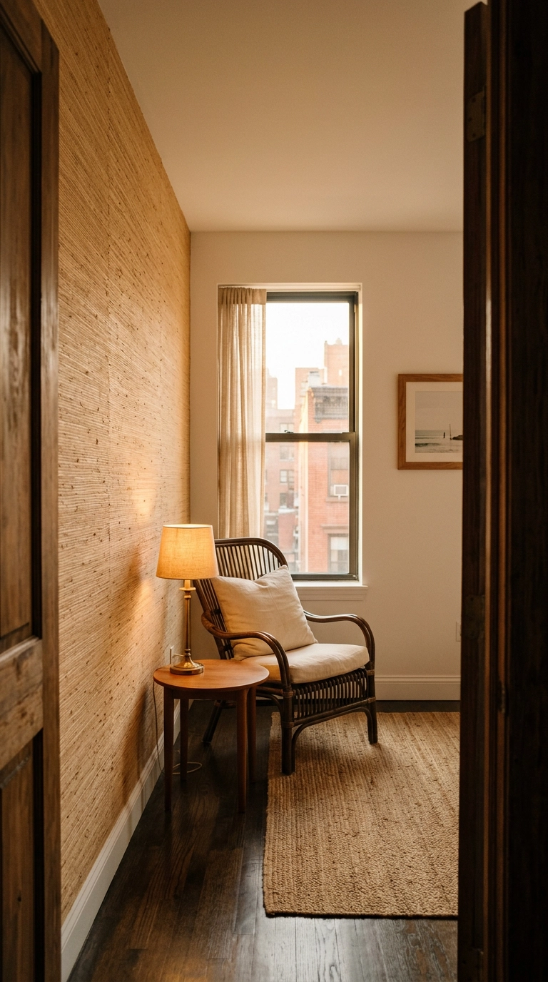 Honey grasscloth wallpaper on one wall behind a rattan armchair in a narrow apartment living room