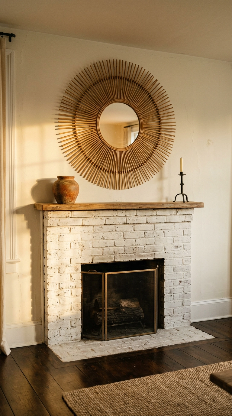 Round rattan sunburst mirror above a white painted brick fireplace with a terracotta vessel on the mantel
