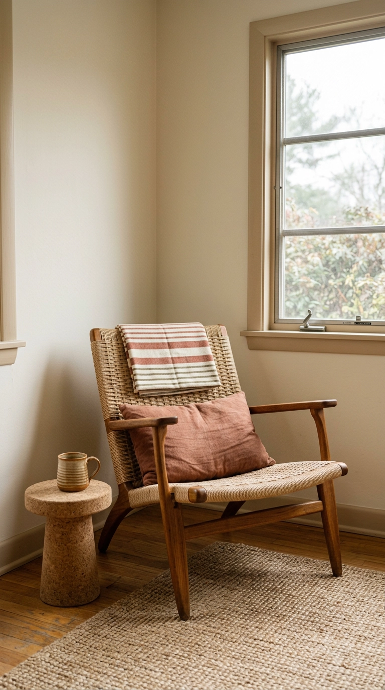 Low teak lounge chair with a woven cord seat in a bright ranch living room reading corner