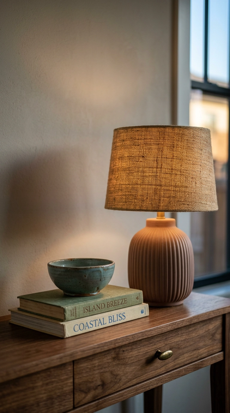 Woven grasscloth lampshade on a ceramic lamp atop a walnut console at dusk