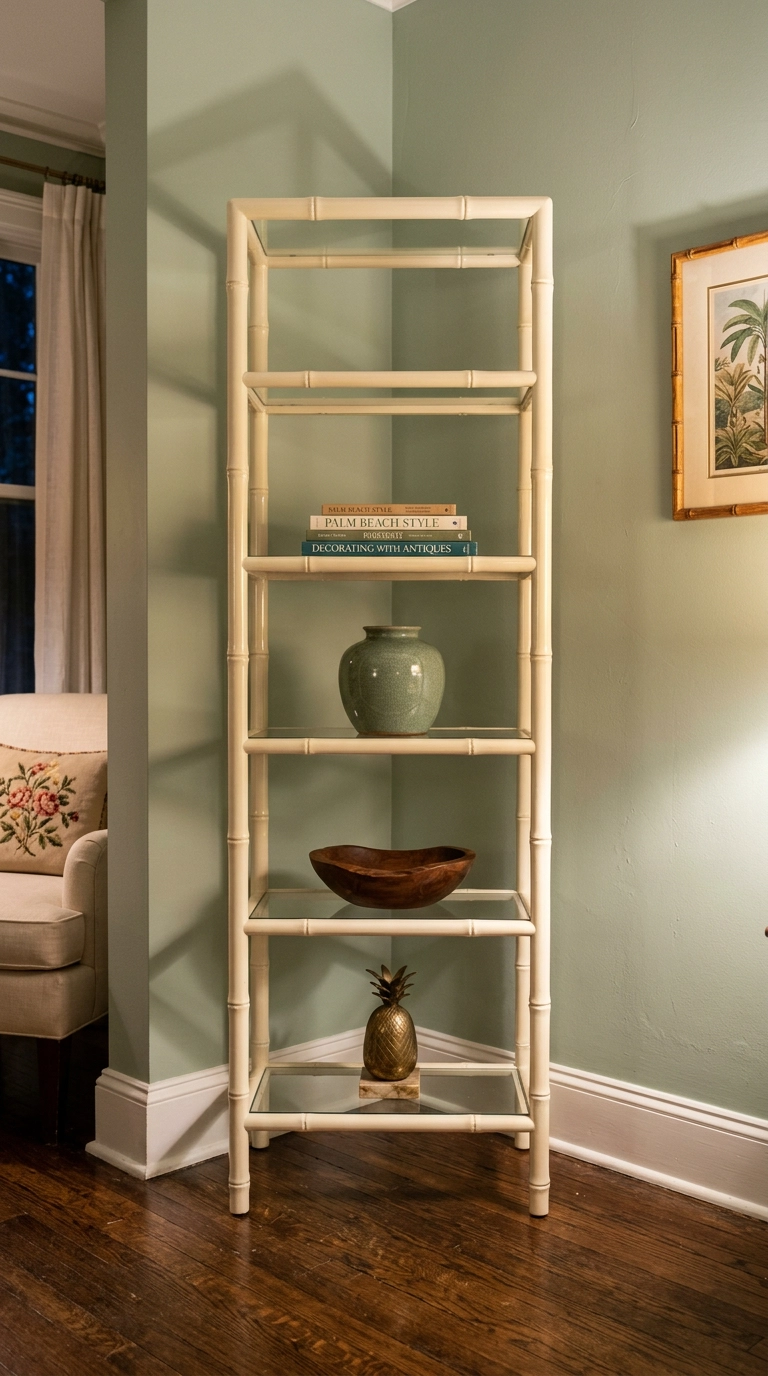 White lacquered faux bamboo etagere styled sparsely against a soft sage wall