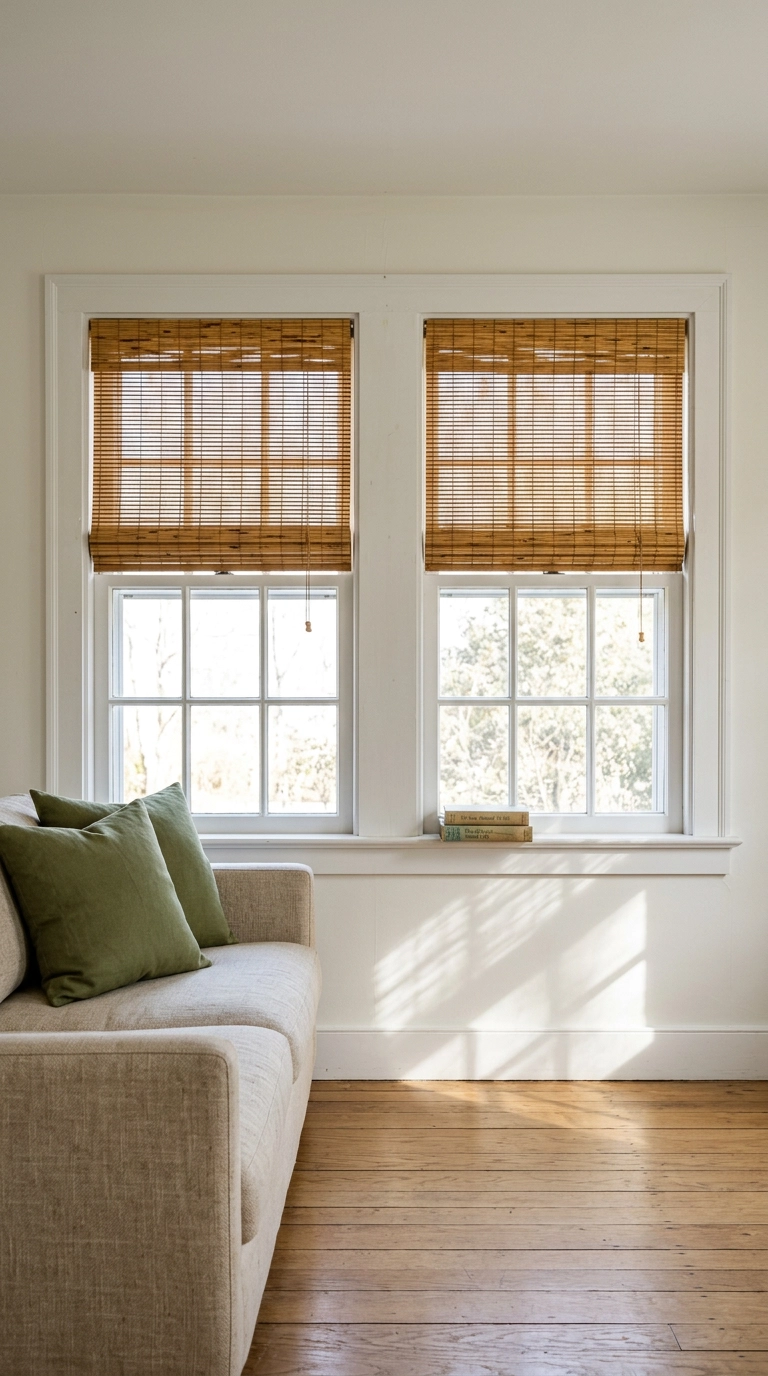 Honey bamboo woven wood roman shades on two double-hung windows above an oatmeal linen sofa