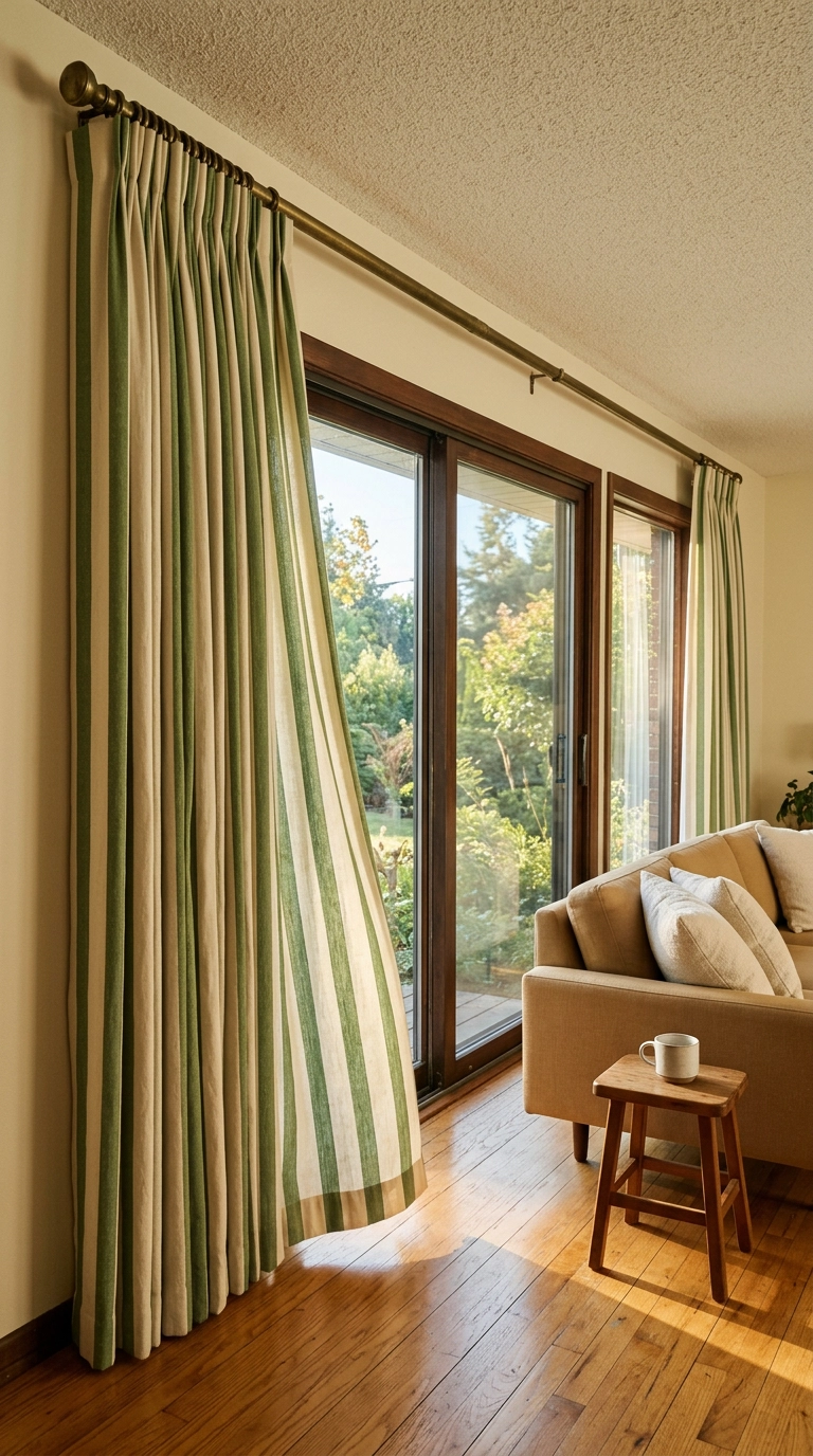 Floor to ceiling cream and green striped curtains hung high above a sliding door in a split-level living room