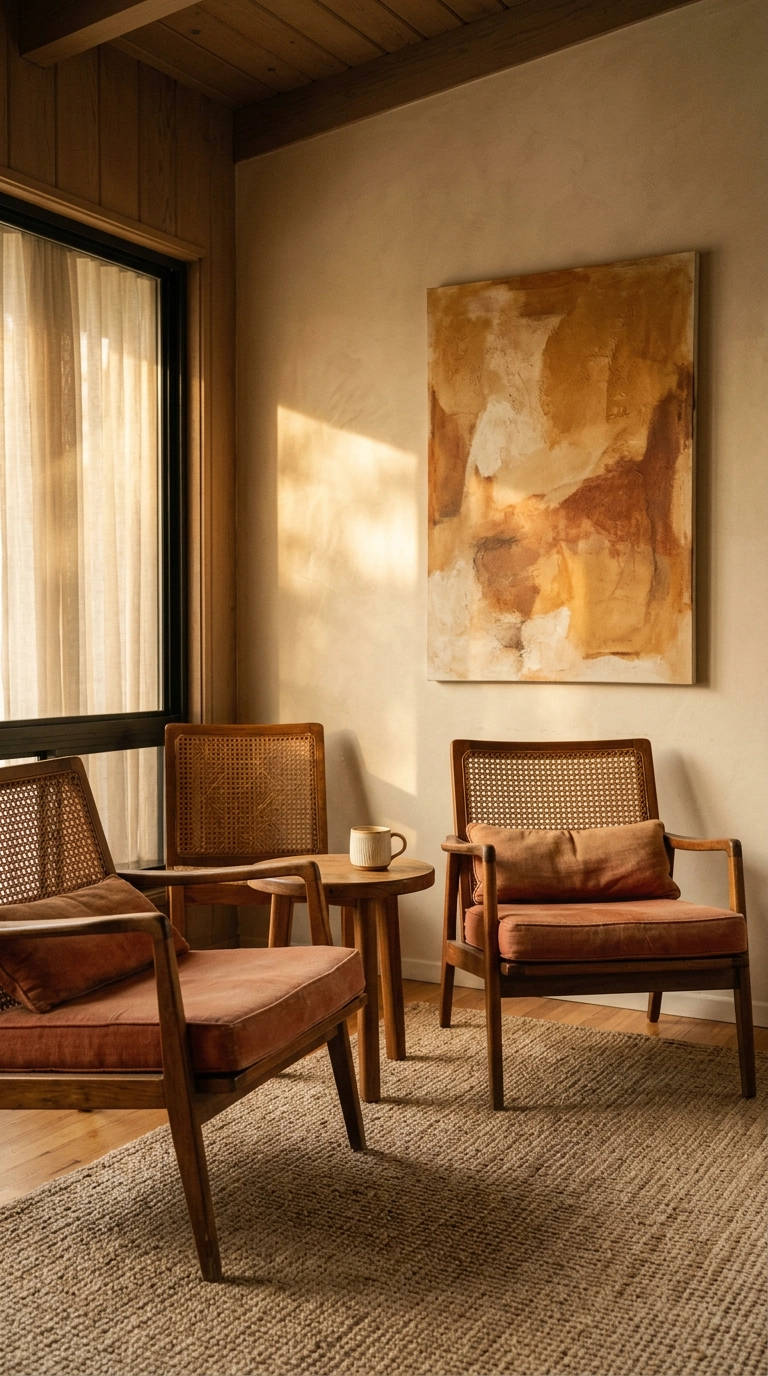 Two vintage teak and rattan lounge chairs in a sand-beige living room corner with afternoon light