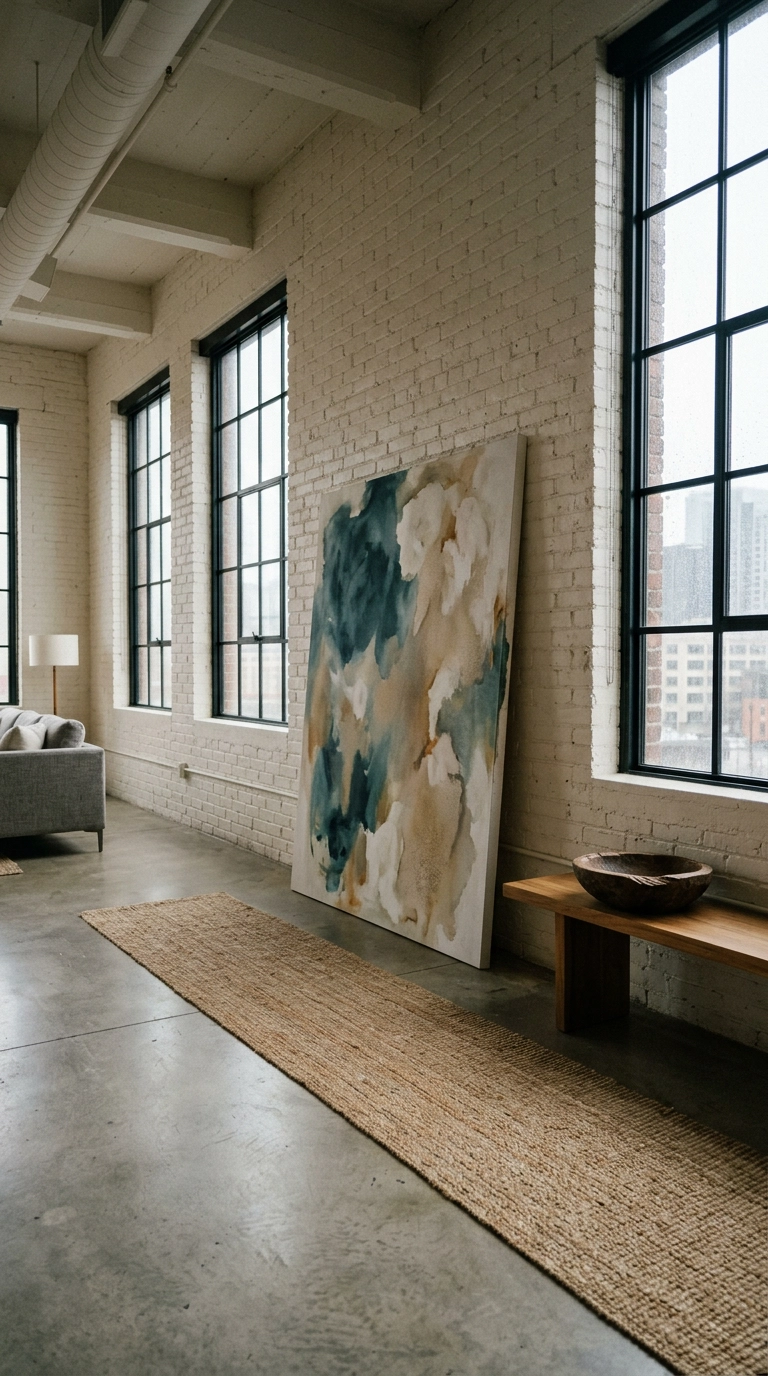 Oversized abstract canvas in teal and sand leaning against a painted brick wall beside a teak bench