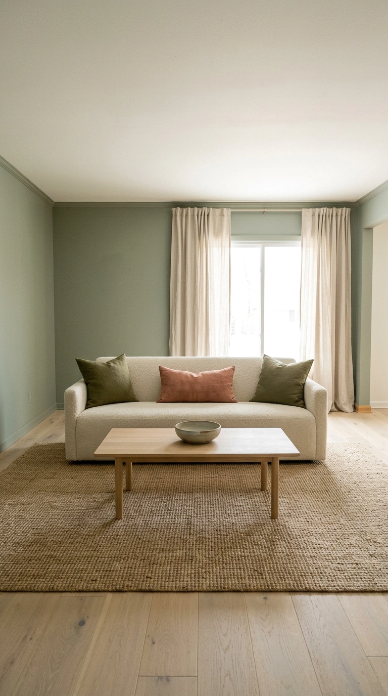 Dusty sage walls with a cream boucle sofa and oatmeal linen curtains in a bright ranch living room
