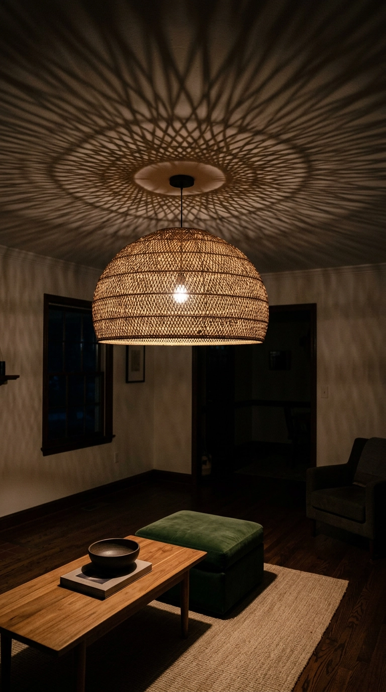 Oversized woven abaca dome pendant casting patterned shadows on a white ceiling at night