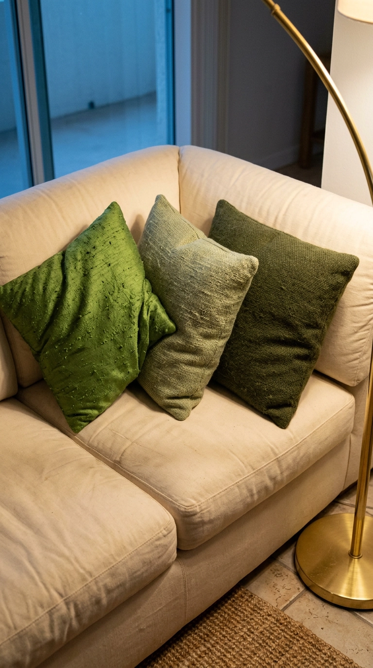 Three green pillows in raw silk, linen, and woven wool textures on a cream sofa corner