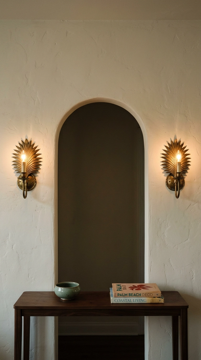 Pair of antique brass palm frond wall sconces flanking an arched doorway above a dark wood console