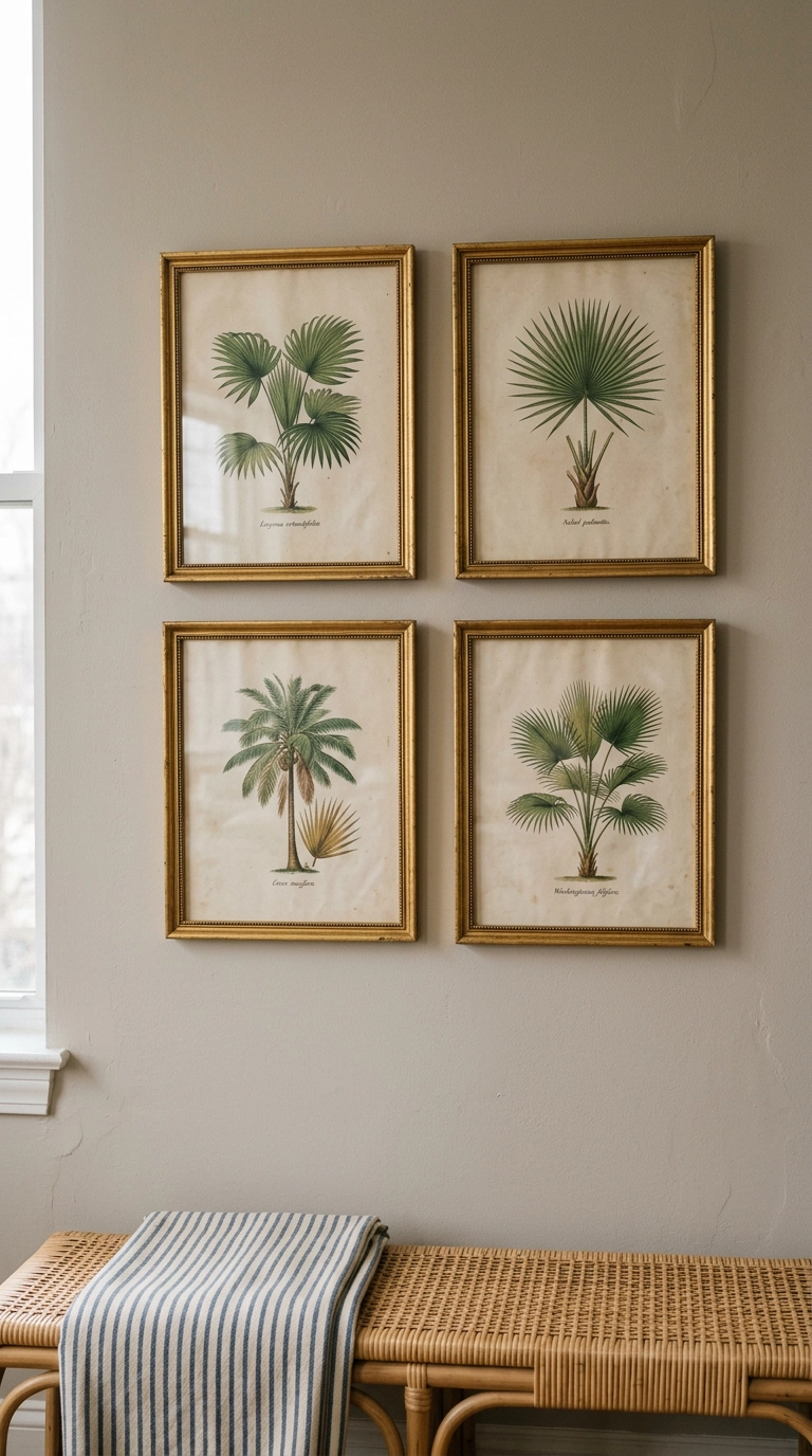 Grid of four framed vintage palm botanical prints in gold frames above a rattan bench