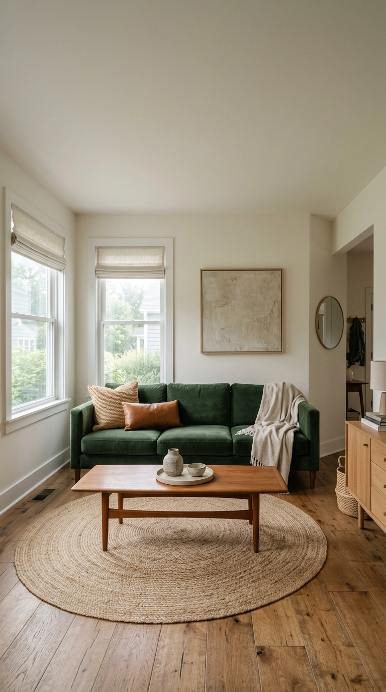 Deep palm-green velvet sofa in a warm-white tropical living room with a teak coffee table and jute rug