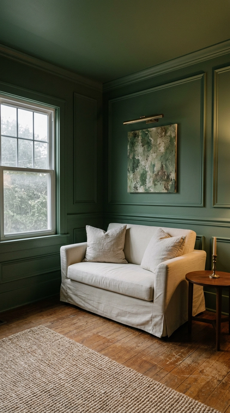 Small living room color drenched in deep palm green paint on walls, trim, and ceiling with a cream loveseat