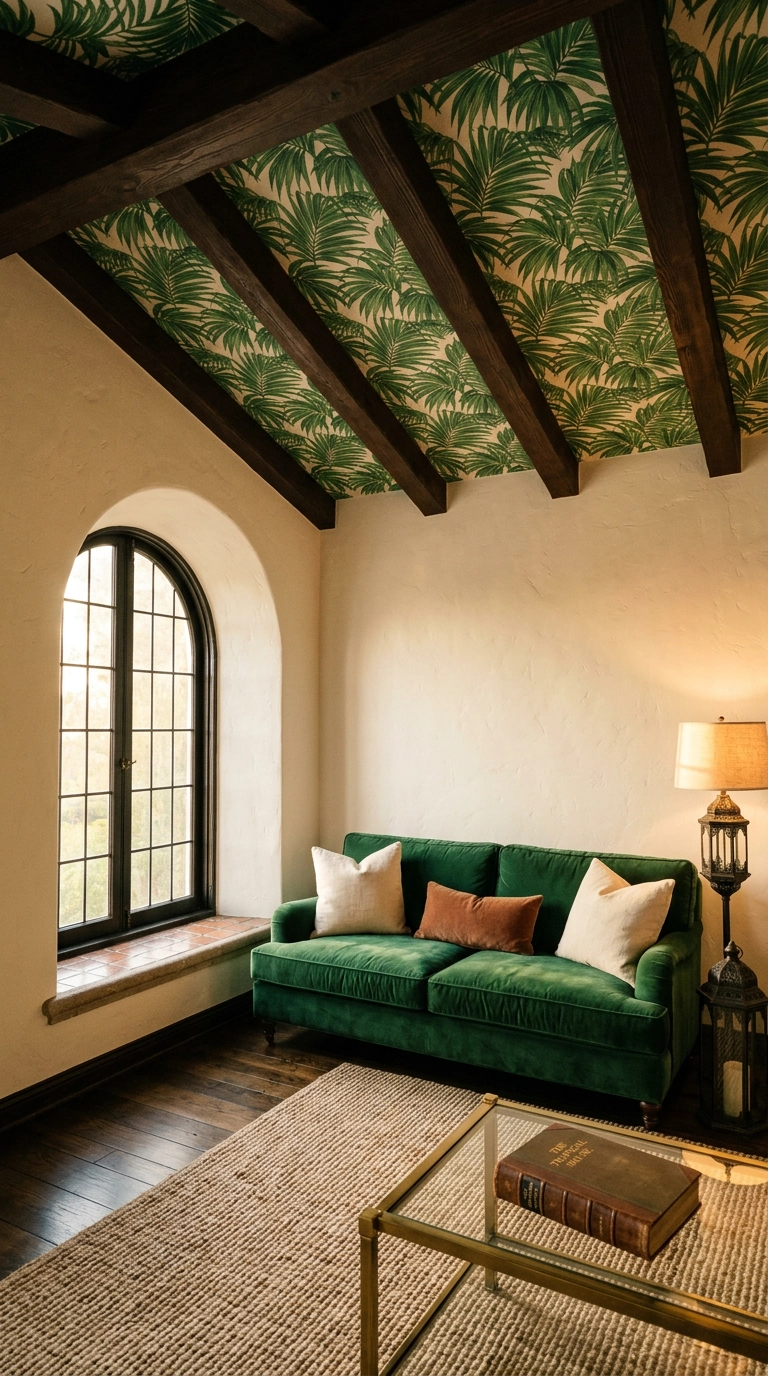Palm frond wallpapered ceiling above an emerald velvet sofa in a Spanish colonial living room