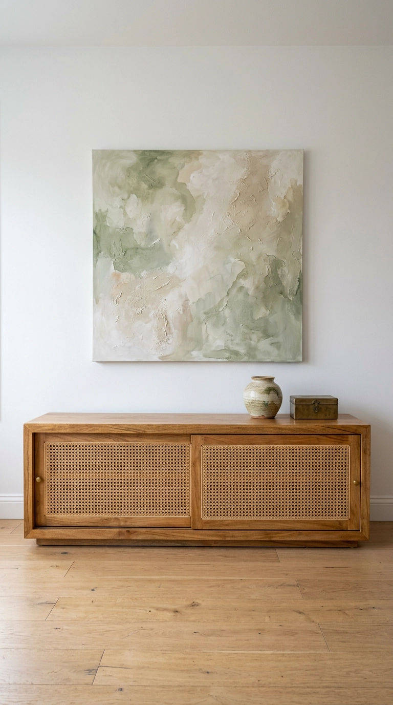 Honey wood media console with cane webbing cabinet doors below an abstract green canvas
