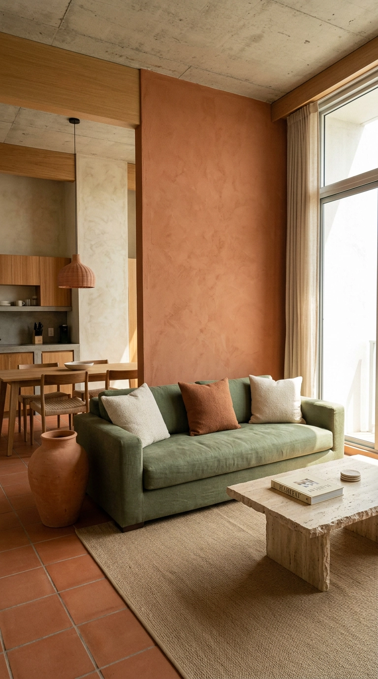 Terracotta accent wall with a moss green linen sofa and travertine coffee table in a condo living room