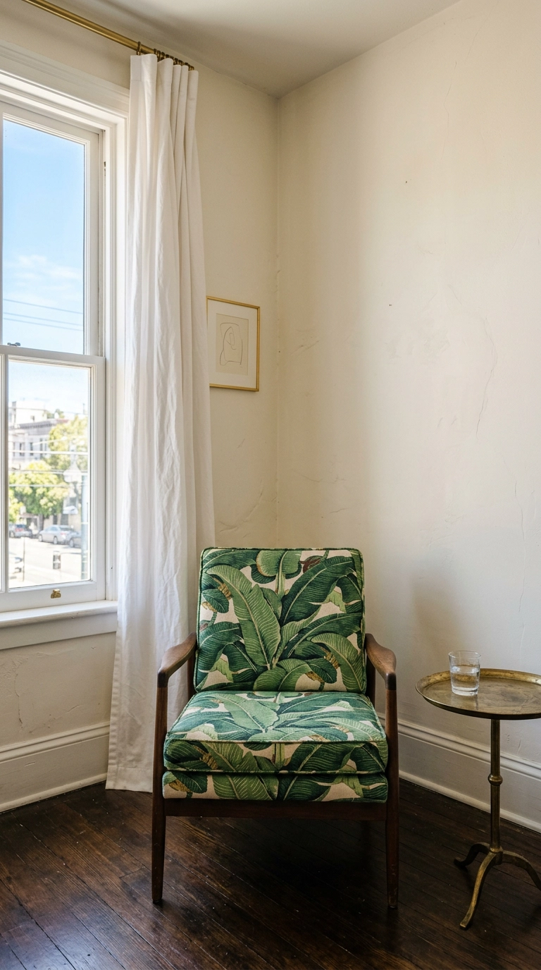 Armchair in green and cream banana leaf print fabric against bone-white apartment walls