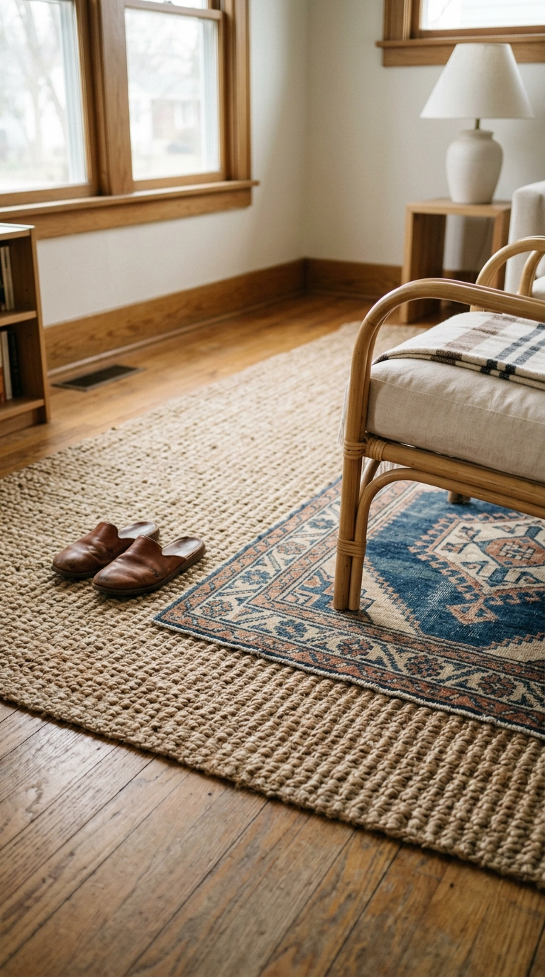 Layered jute and faded indigo rugs on oak floor with a rattan chair leg resting on top