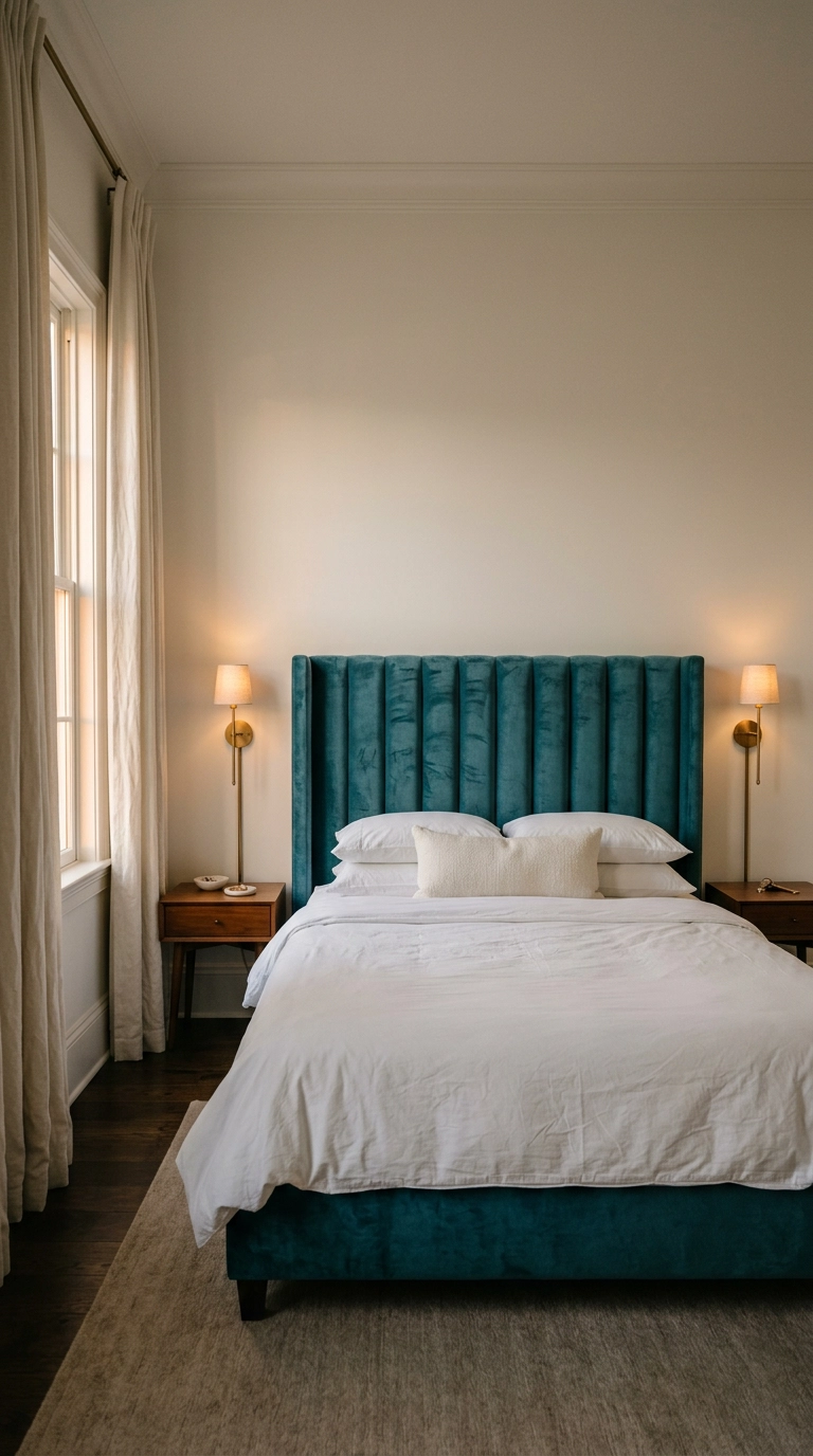 Deep turquoise velvet channel-tufted headboard in a warm white primary bedroom