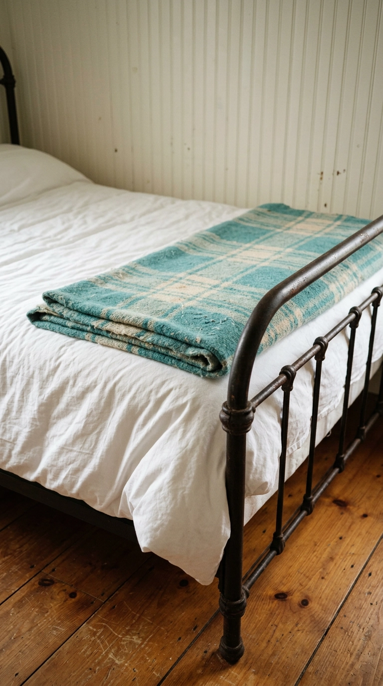 Vintage turquoise and cream striped wool blanket folded at the foot of a white bed