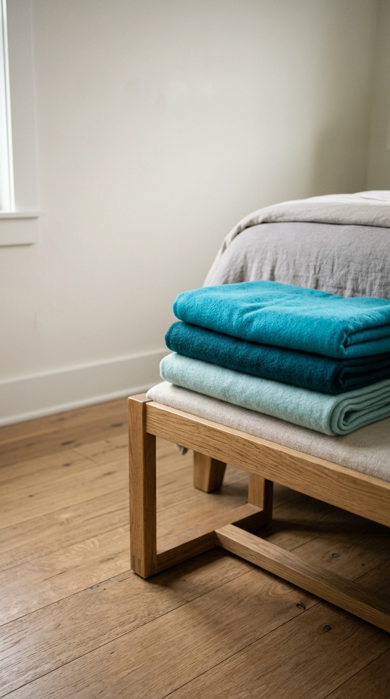 Three folded throws in turquoise, teal, and aqua stacked on an oak bedroom bench