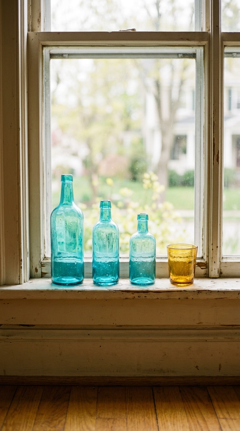 Vintage turquoise glass bottles backlit on a bedroom windowsill