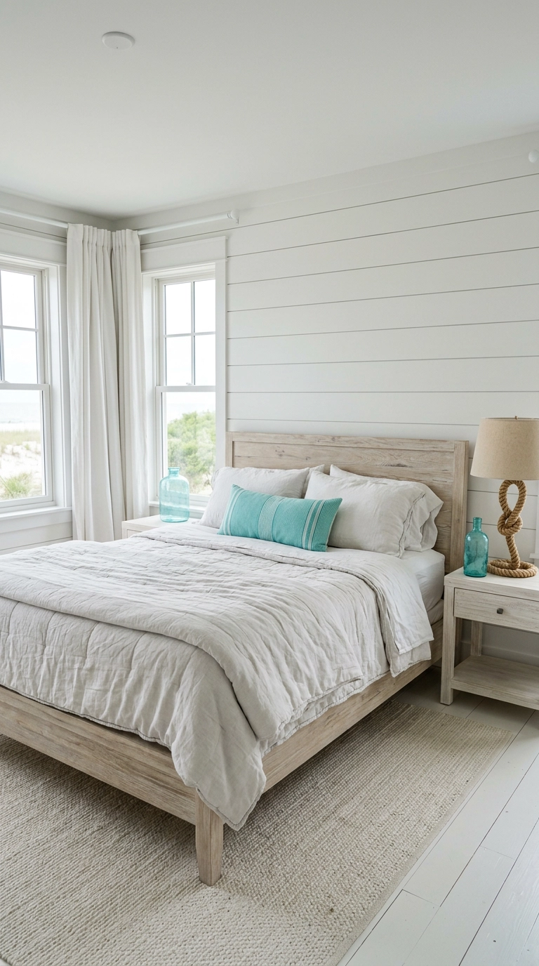 Coastal bedroom with shiplap wall, rope lamp, and aqua turquoise striped pillow