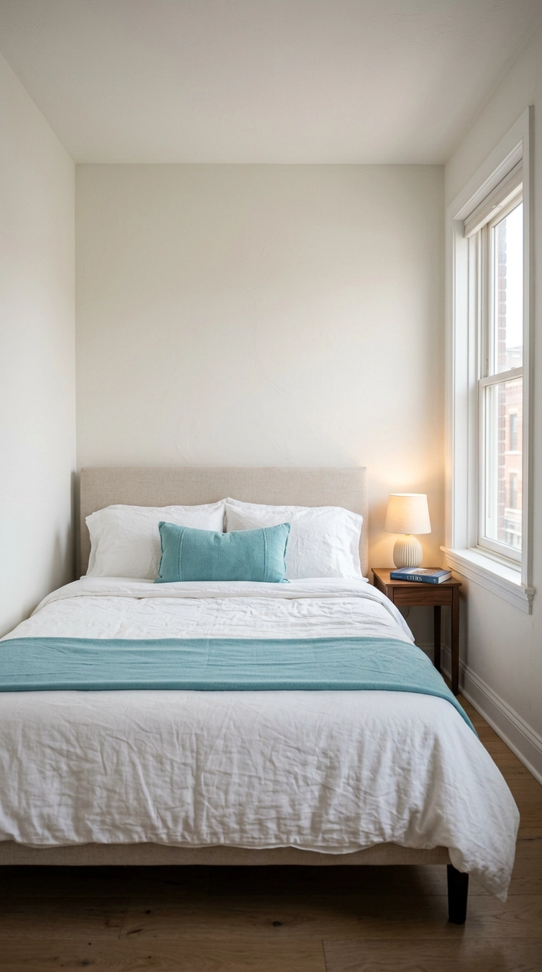 Warm white bedroom with a single turquoise throw and lumbar pillow on the bed