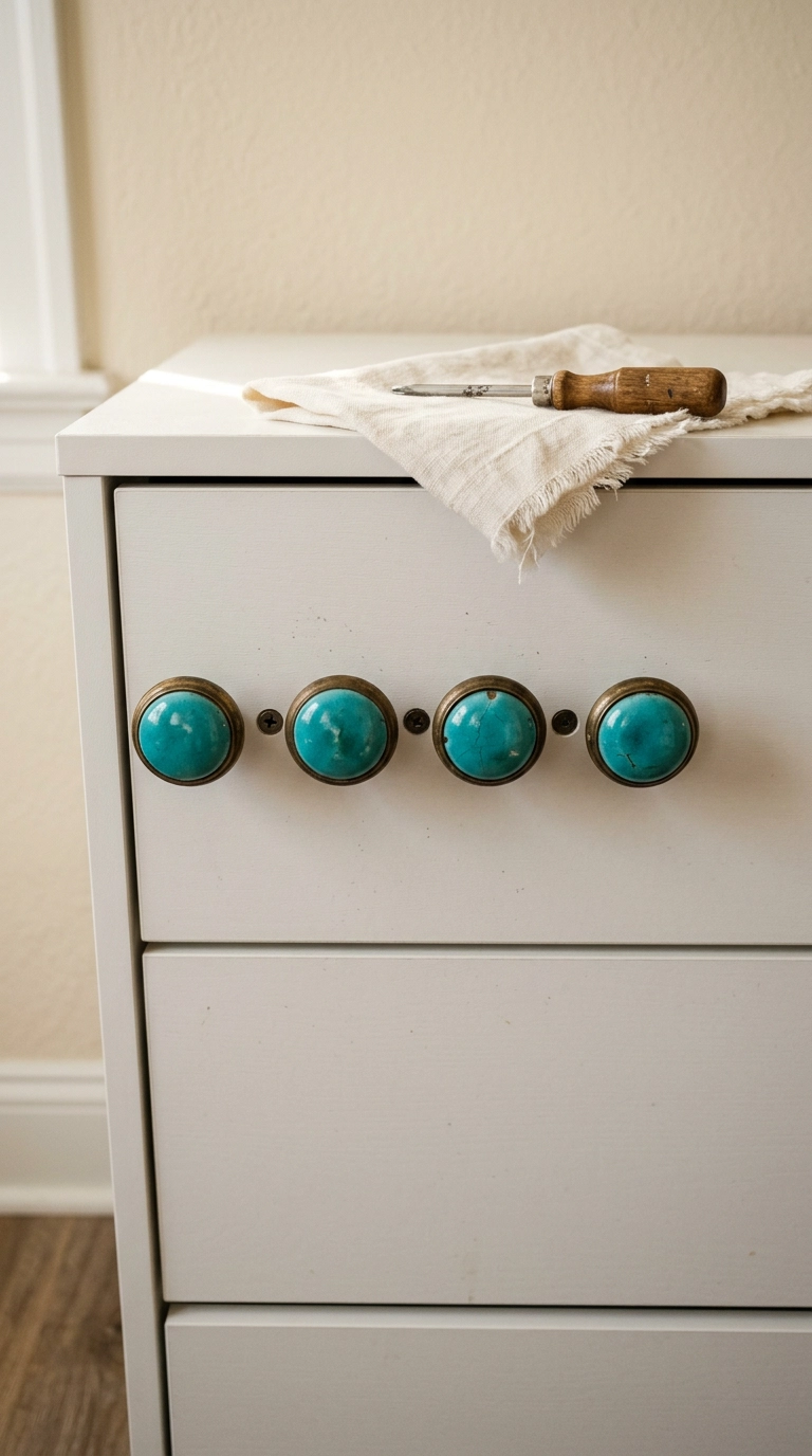 Turquoise enamel and brass drawer knobs on a plain white laminate dresser