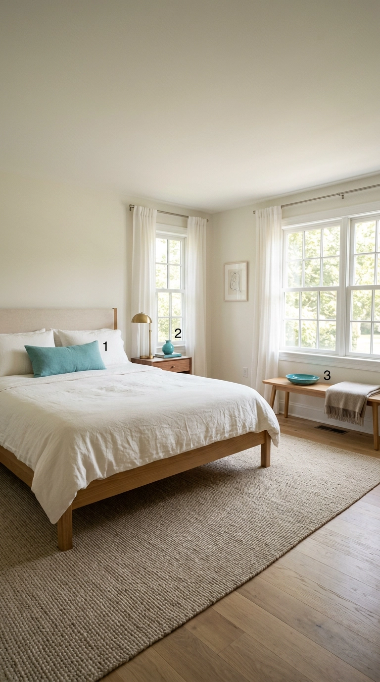 Bedroom with exactly three turquoise accents spaced around the room at different heights