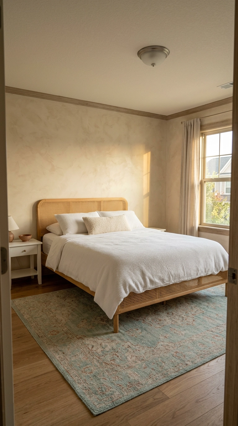 Faded turquoise and rust patterned wool rug under a rattan bed in a sand-toned bedroom