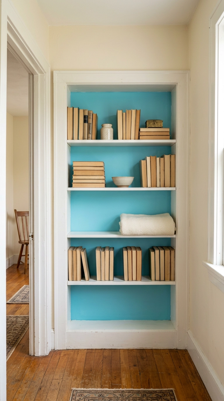 White bookcase with a bright turquoise painted back panel in a cream bedroom